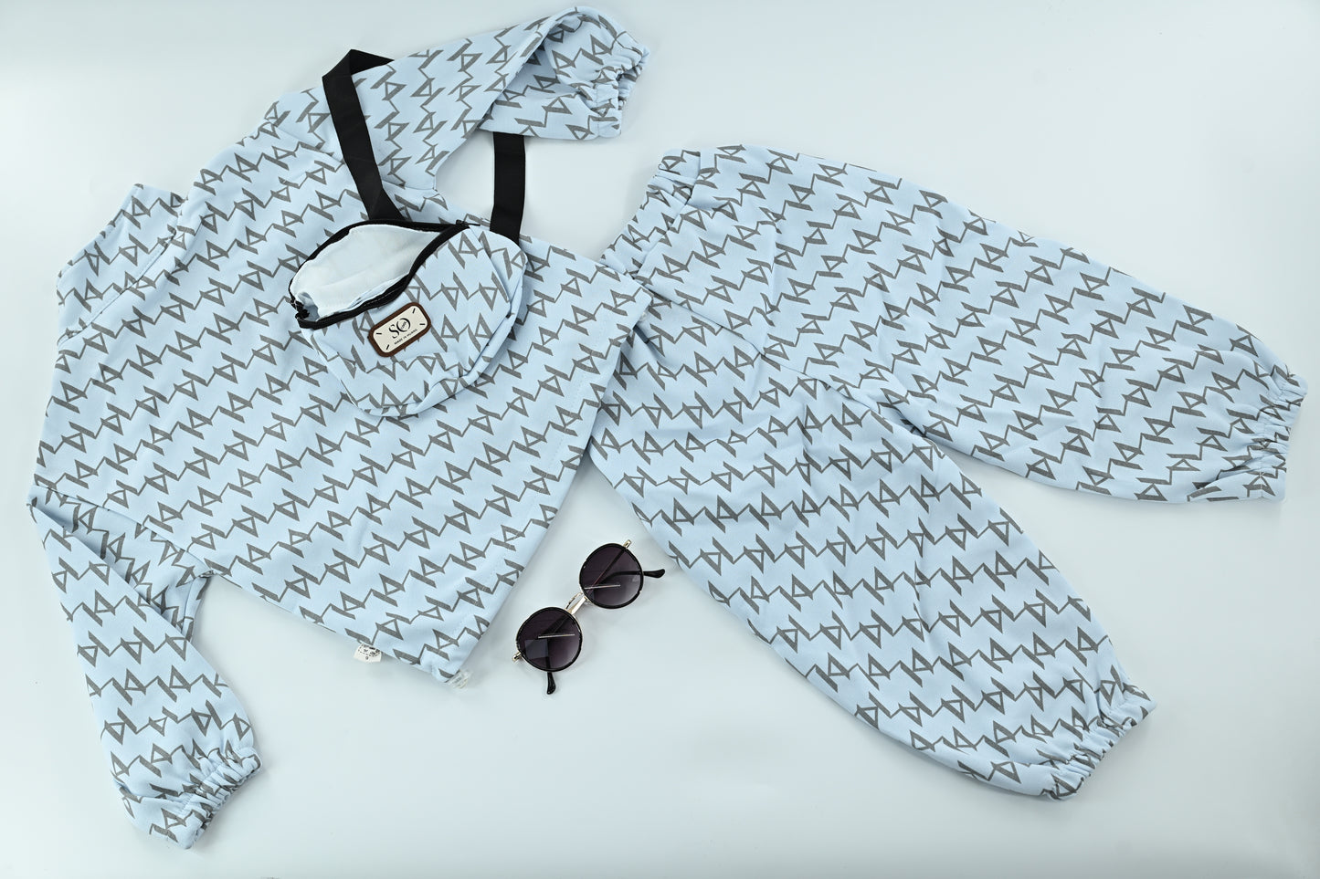 Kids Bluish Triangular Pattern Dress with Matching Side Bag