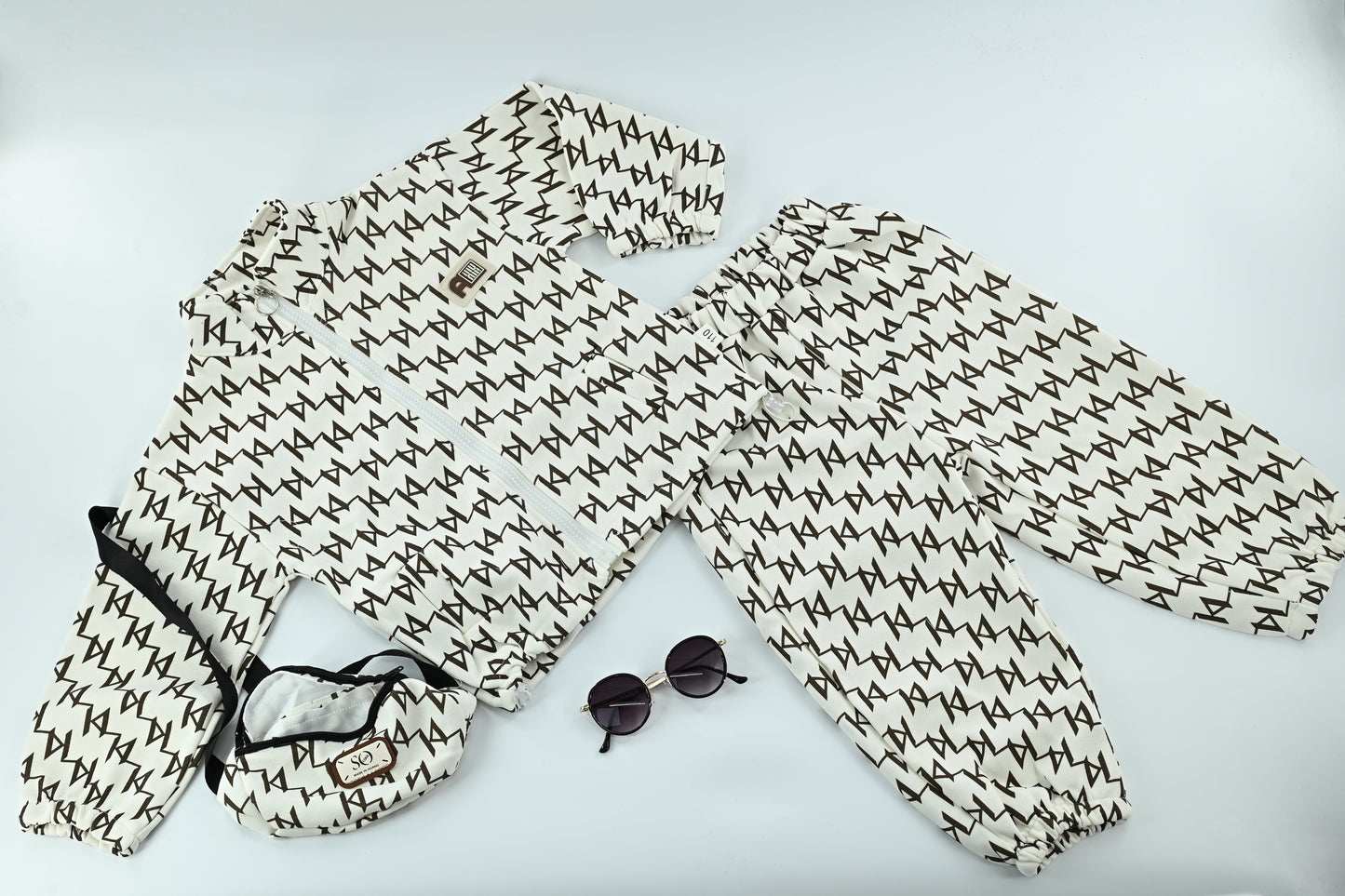 Kids White Triangular Pattern Dress with Matching Side Bag