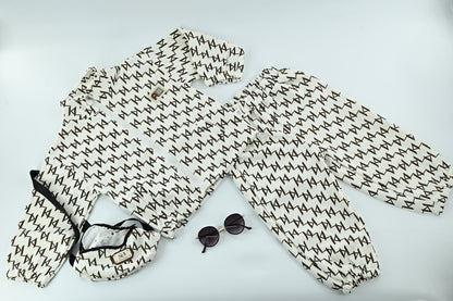 Kids White Triangular Pattern Dress with Matching Side Bag