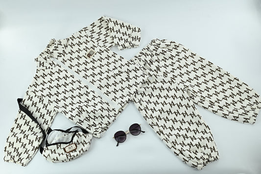 Kids White Triangular Pattern Dress with Matching Side Bag
