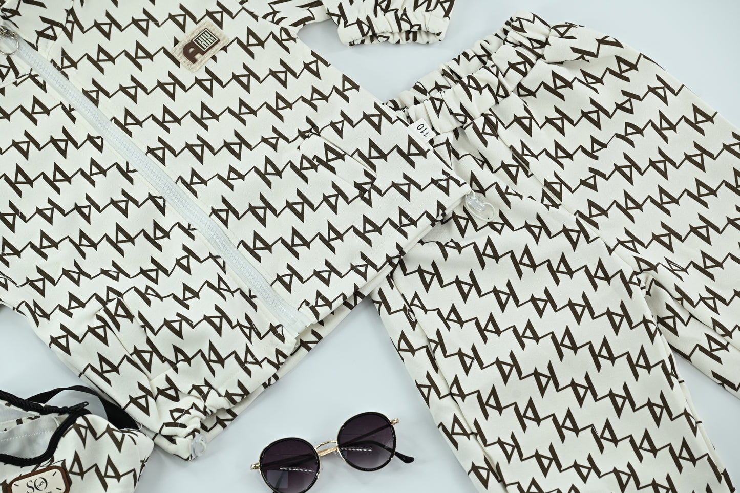 Kids White Triangular Pattern Dress with Matching Side Bag