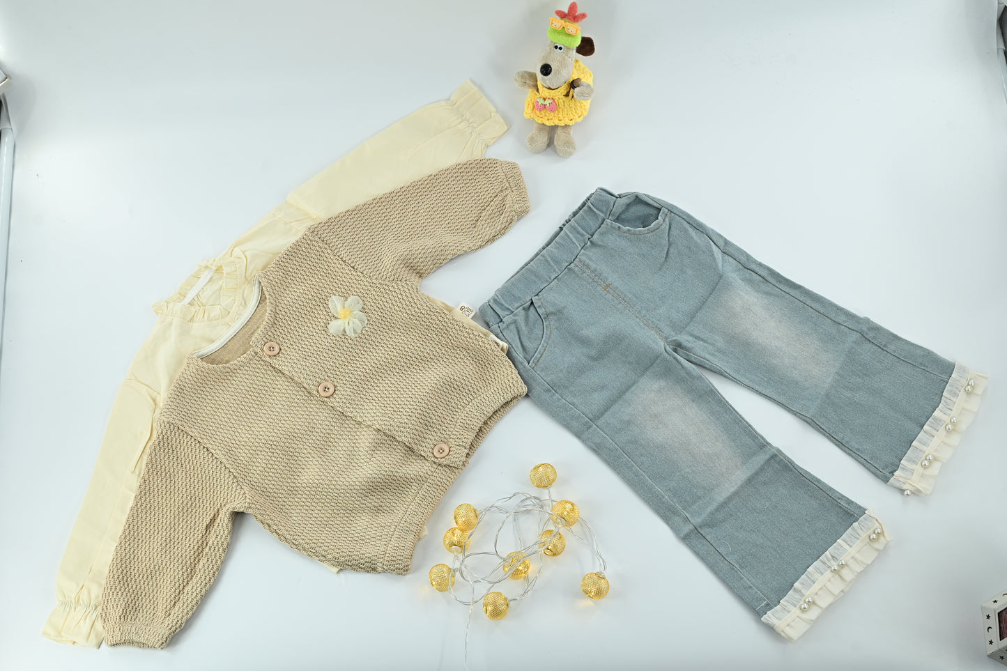 Baby Girl Bow Knit Cream & Brown Top and Pants 3-Piece Set