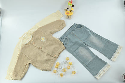 Baby Girl Bow Knit Cream & Brown Top and Pants 3-Piece Set