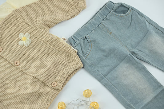 Baby Girl Bow Knit Cream & Brown Top and Pants 3-Piece Set
