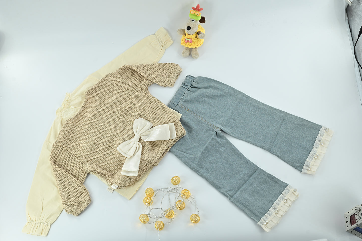 Baby Girl Bow Knit Cream & Brown Top and Pants 3-Piece Set