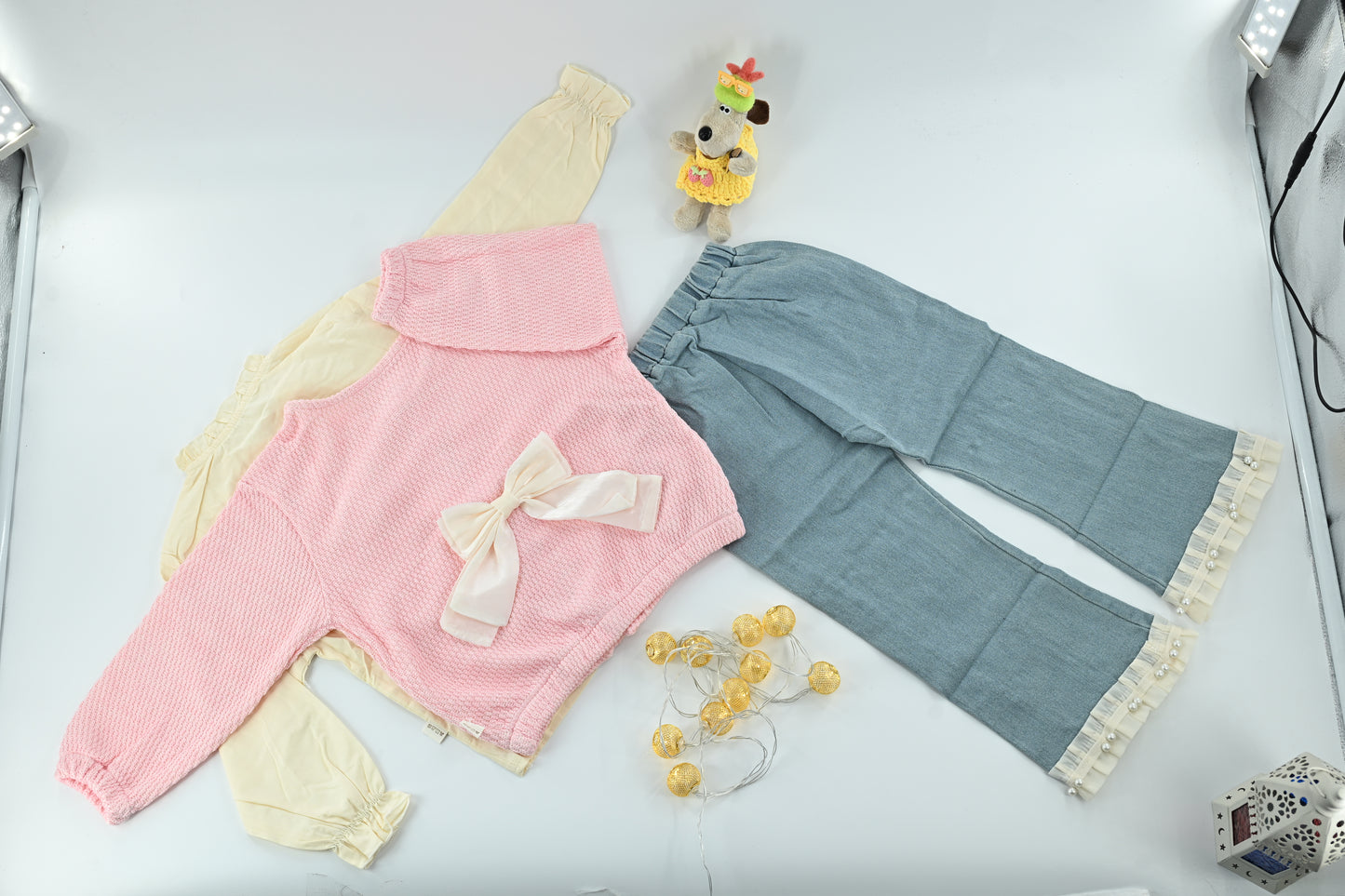 Baby Girl Bow Knit Cream & Brown Top and Pants 3-Piece Set
