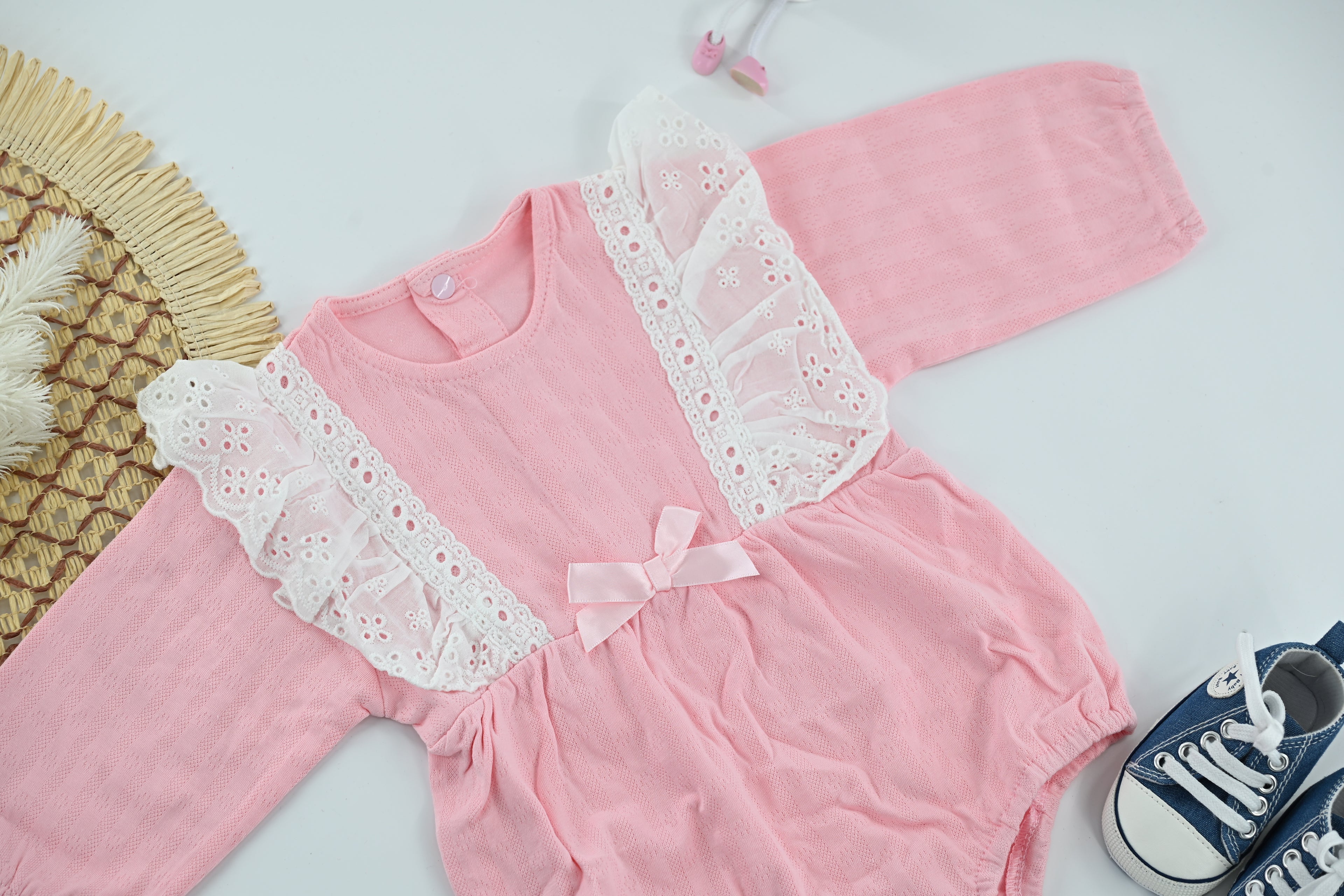 Baby Girl Lace Cotton Pink Romper with bow