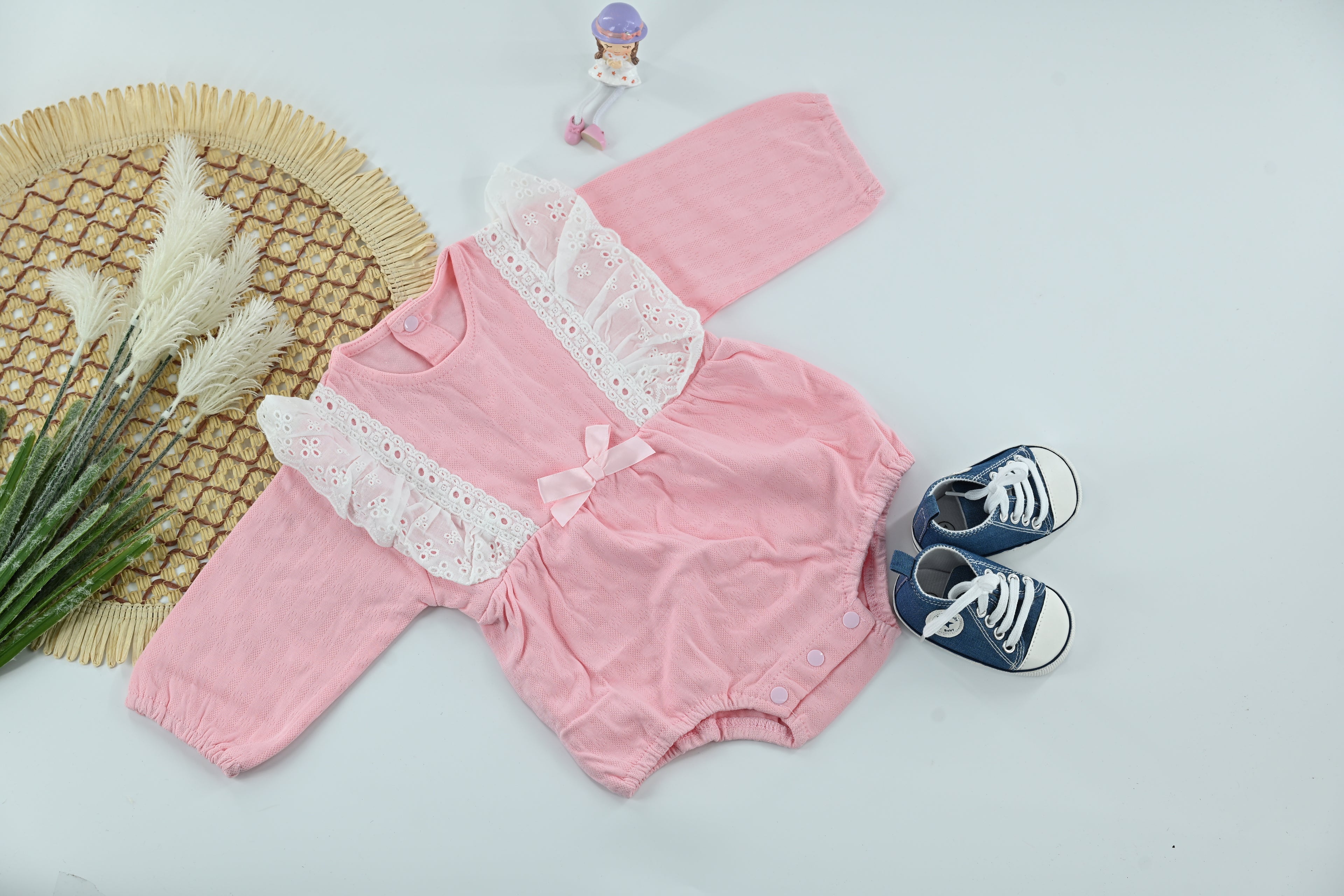 Baby Girl Lace Cotton Pink Romper with bow