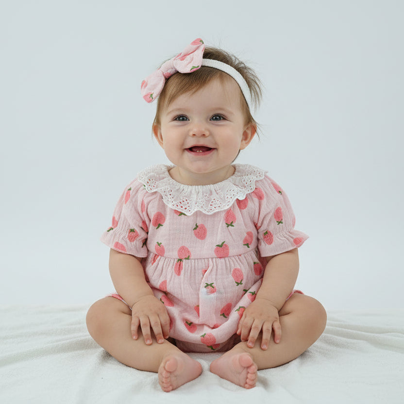Baby Girl Cotton Strawberry Dress with Bow