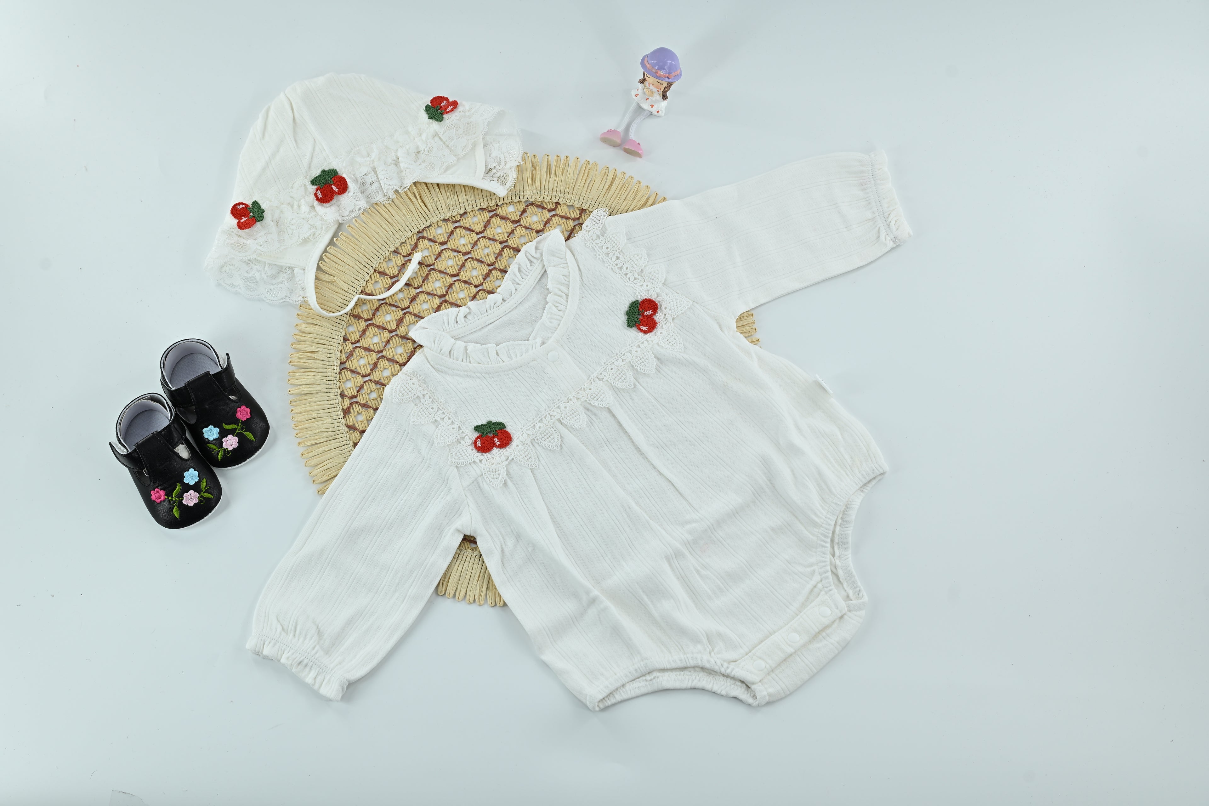 Baby Girl Cotton Cherry White  Romper with Cap