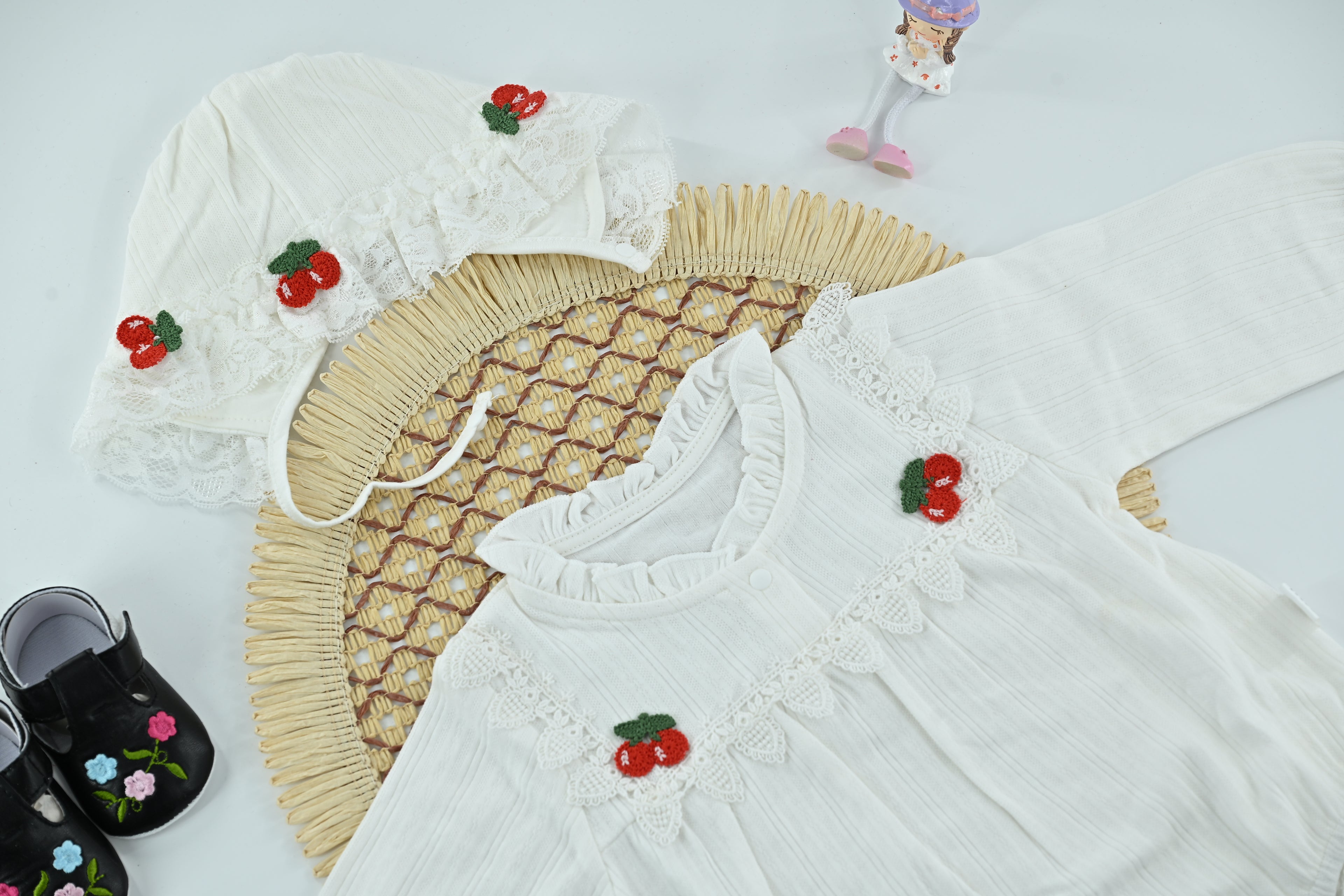 Baby Girl Cotton Cherry White  Romper with Cap