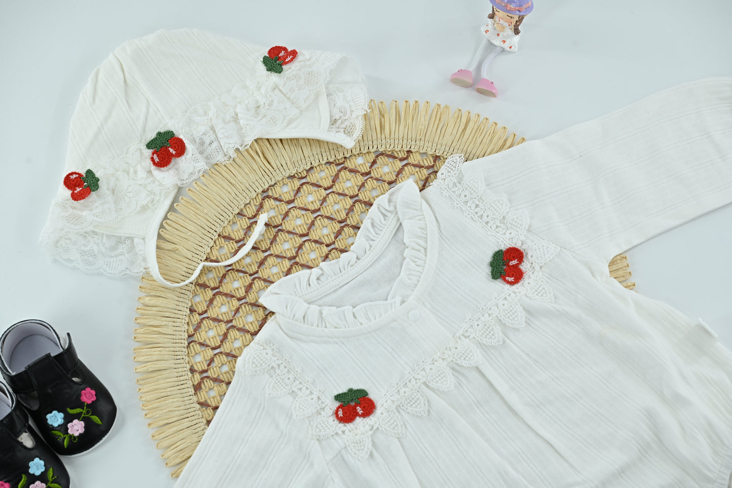 Baby Girl Cotton Cherry White  Romper with Cap