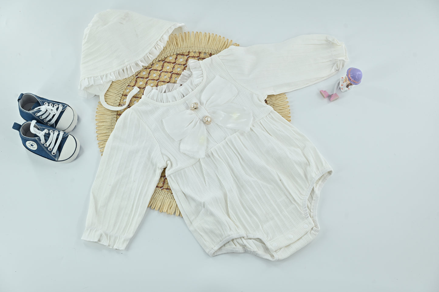 Ruby Pearl Bow Ribbed Baby Romper Set