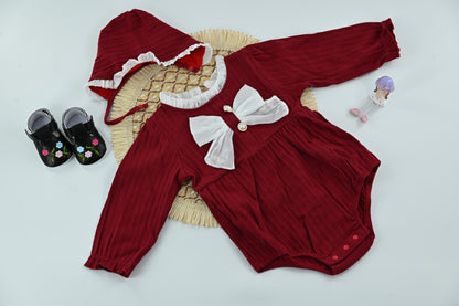 Ruby Pearl Bow Ribbed Baby Romper Set