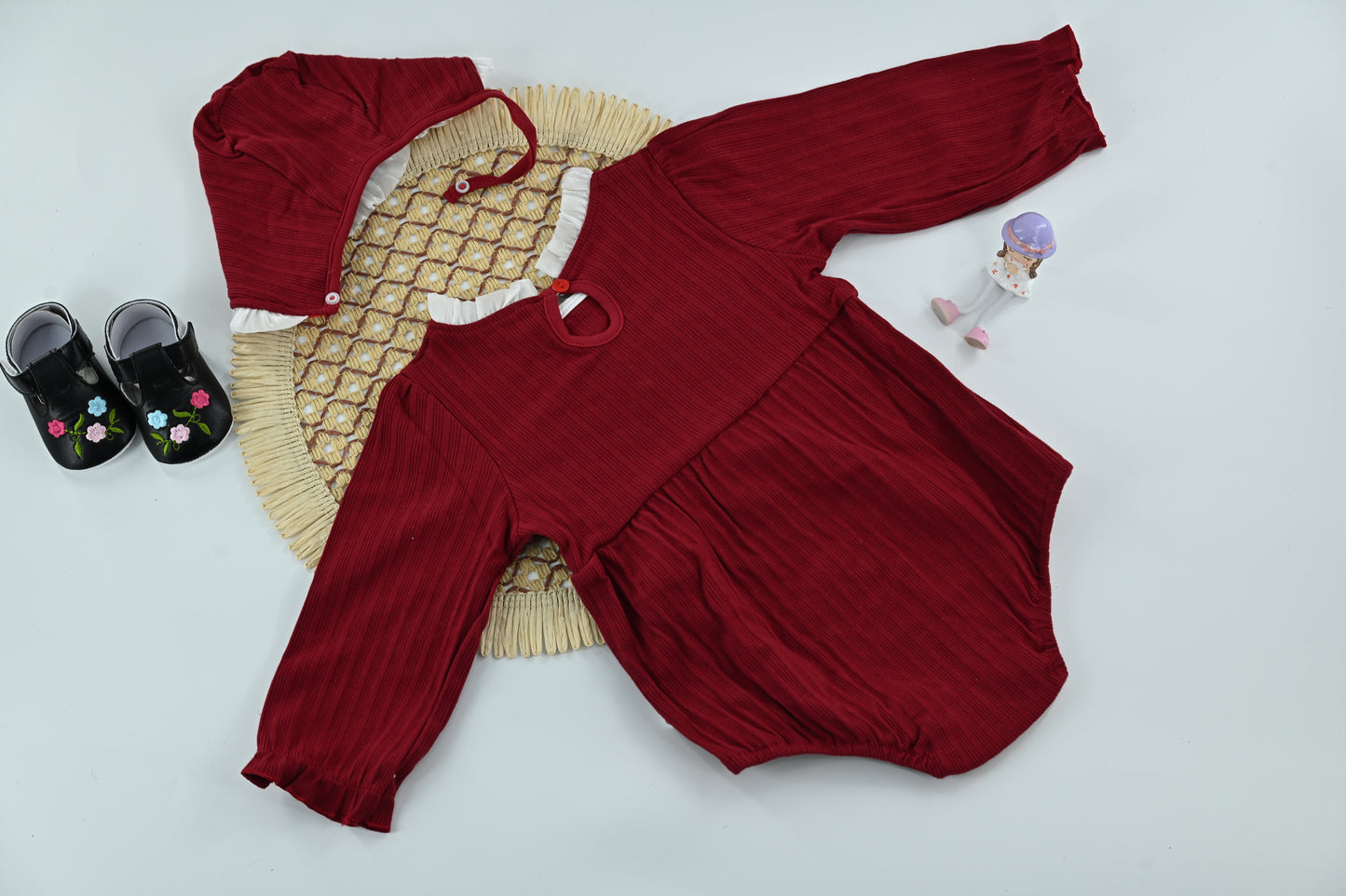 Ruby Pearl Bow Ribbed Baby Romper Set