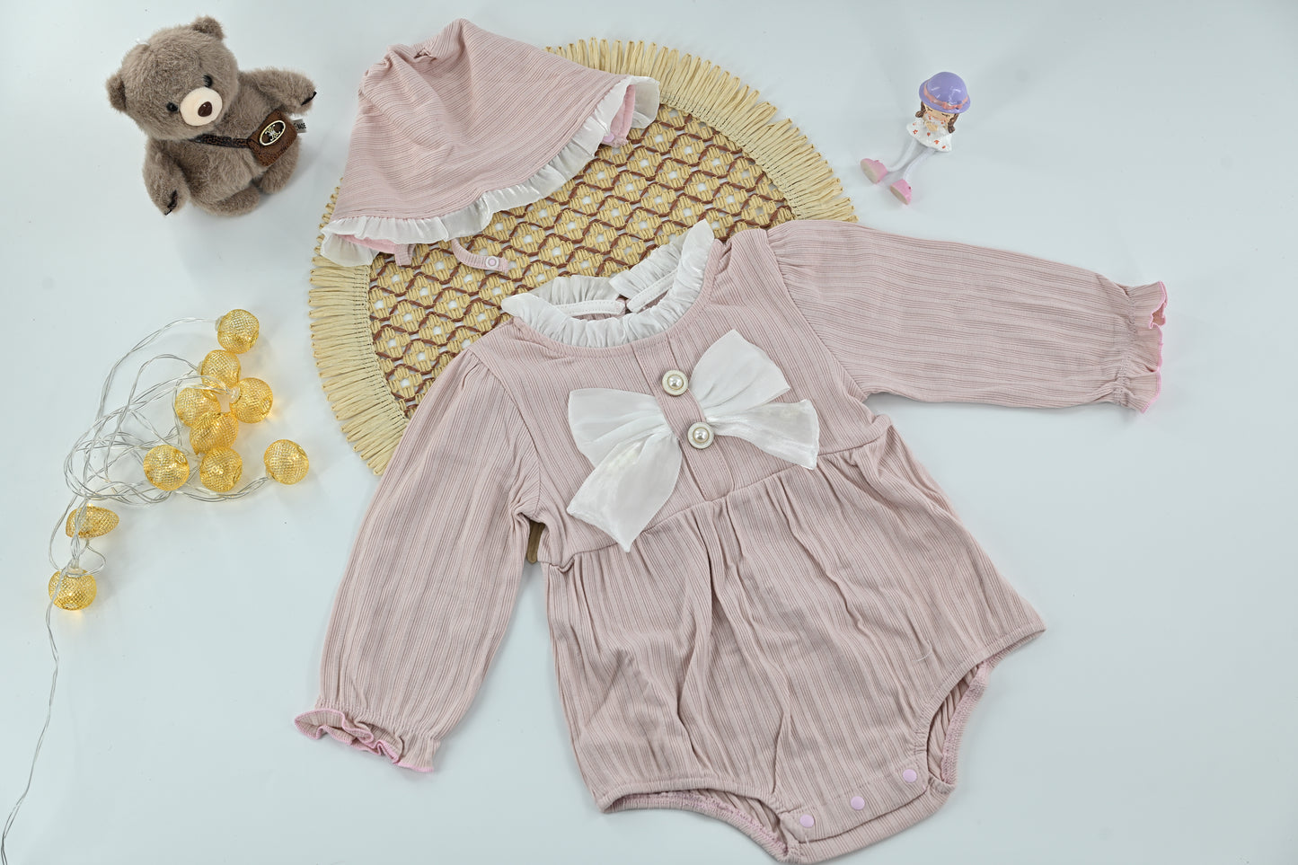 Ruby Pearl Bow Ribbed Baby Romper Set
