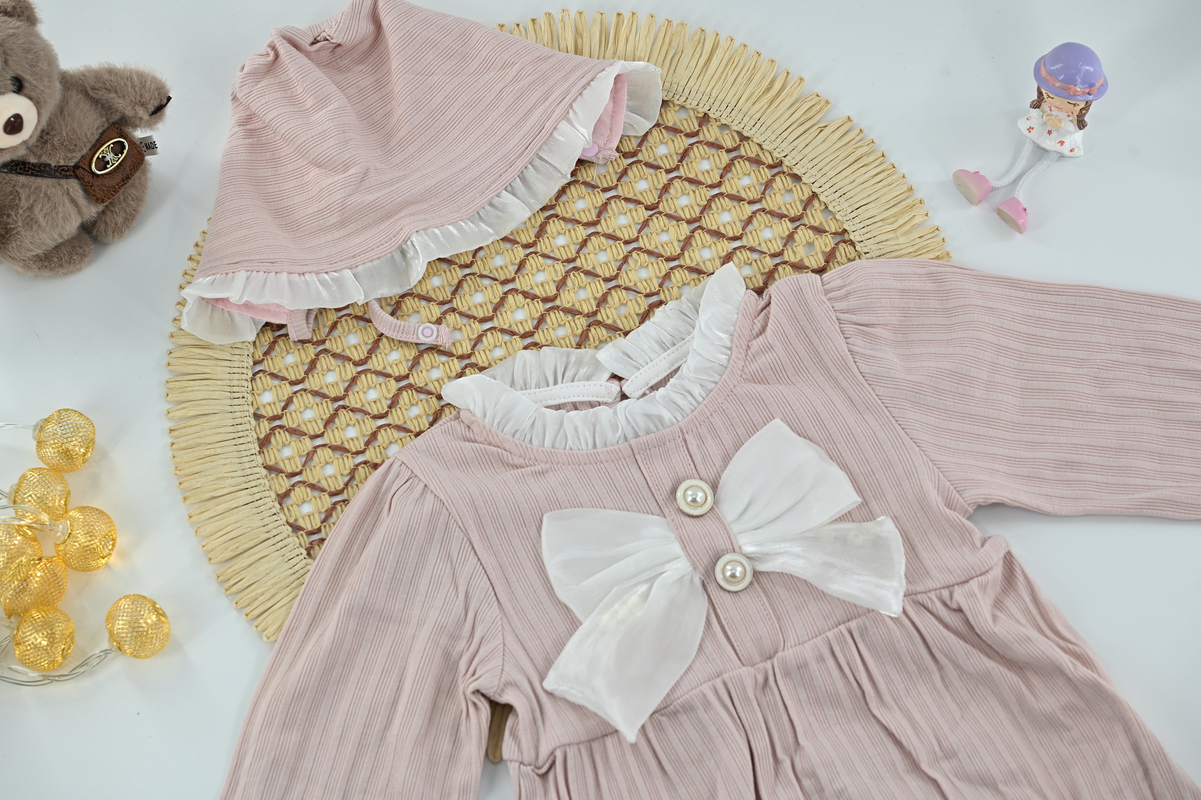 Blush Pearl Bow Ribbed Baby Romper Set