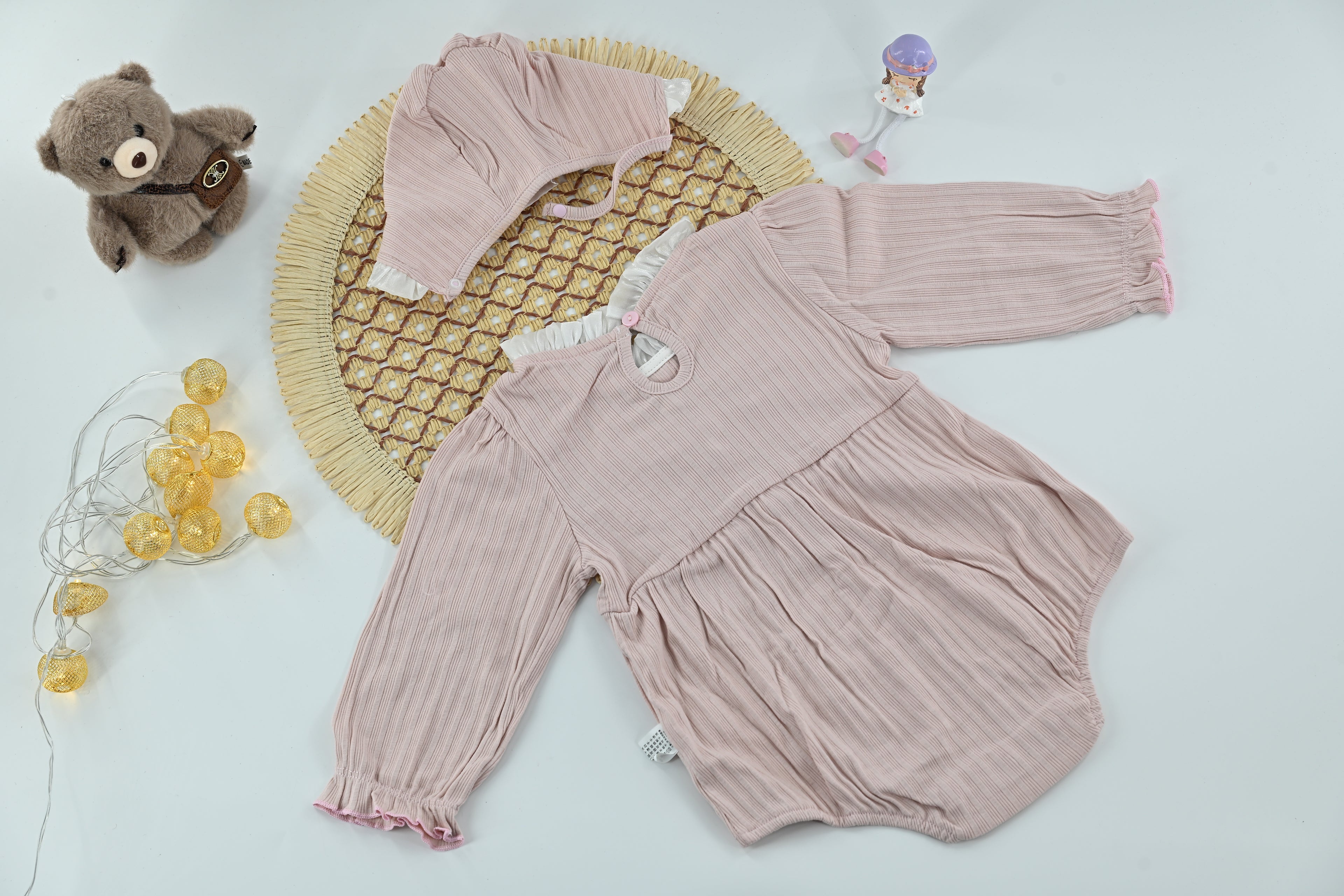 Blush Pearl Bow Ribbed Baby Romper Set