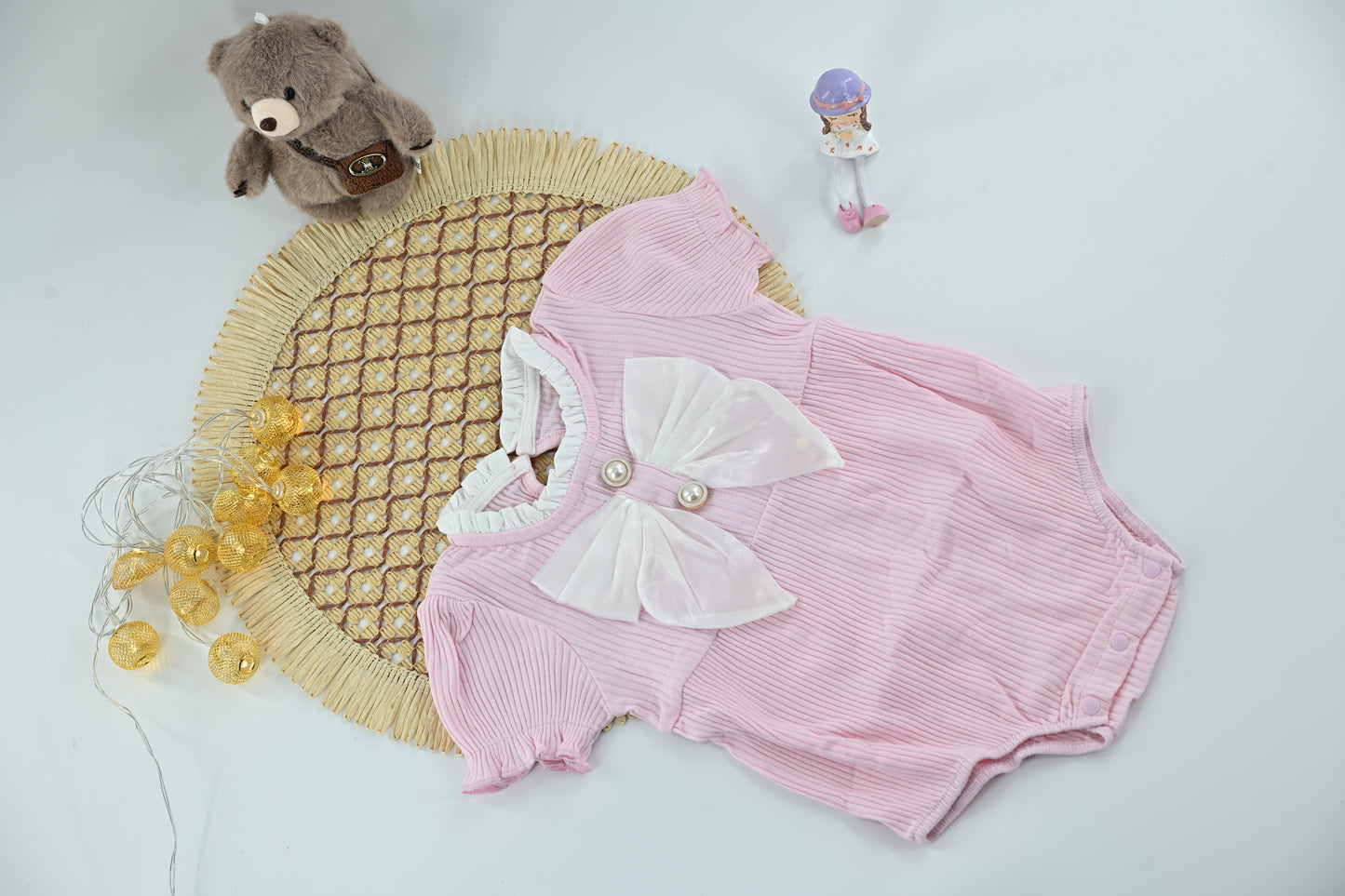 Ruby Pearl Bow Ribbed Baby Romper Set
