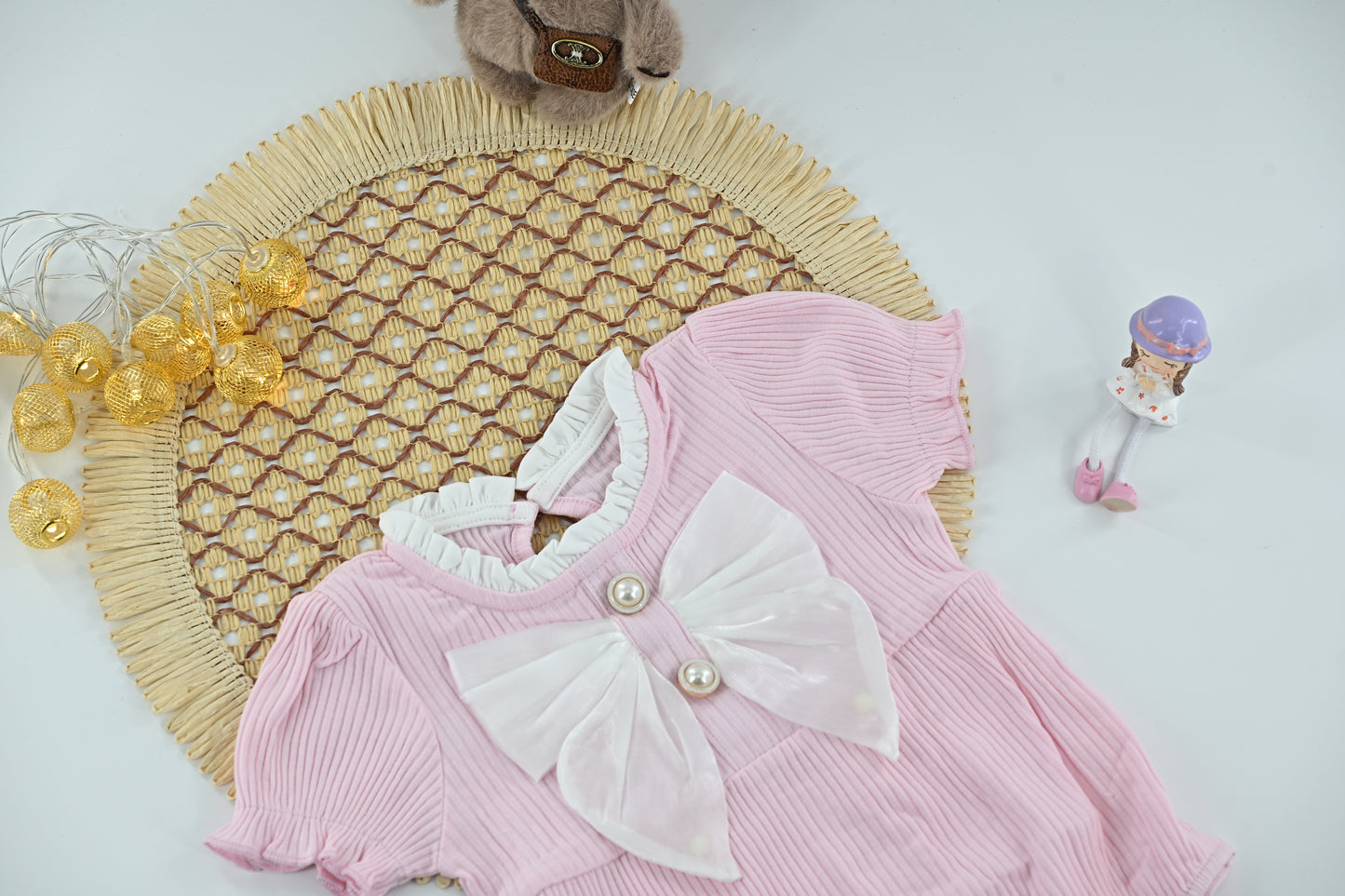 Ruby Pearl Bow Ribbed Baby Romper Set