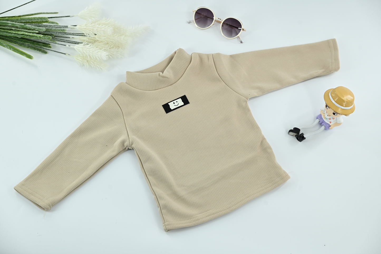 Soft Ribbed Beige Kids Cotton Blend Top