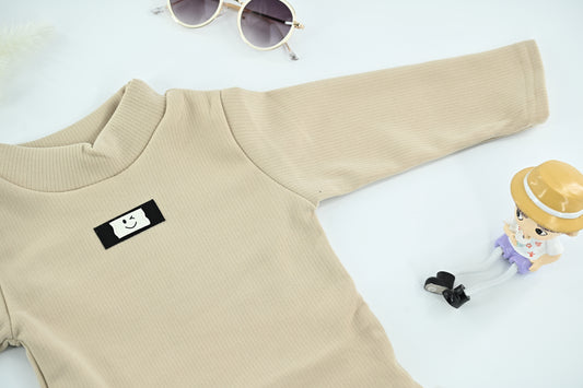 Soft Ribbed Beige Kids Cotton Blend Top