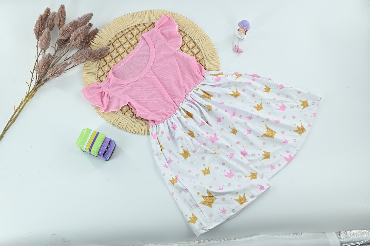 Girls Pink Crown Print Dress – Ruffle Sleeve Princess Summer Dress