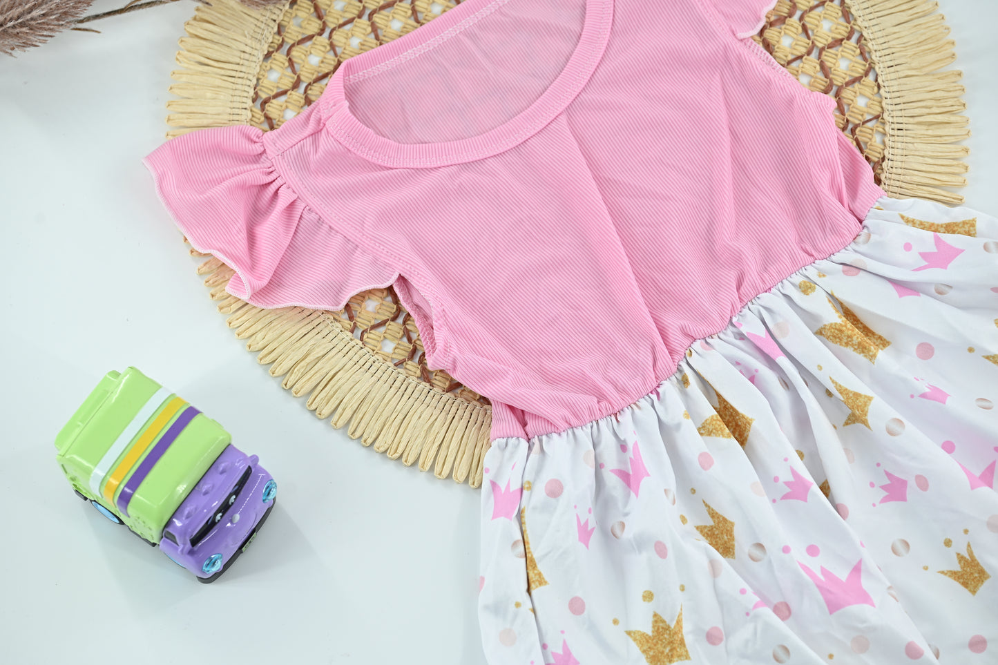 Girls Pink Crown Print Dress – Ruffle Sleeve Princess Summer Dress