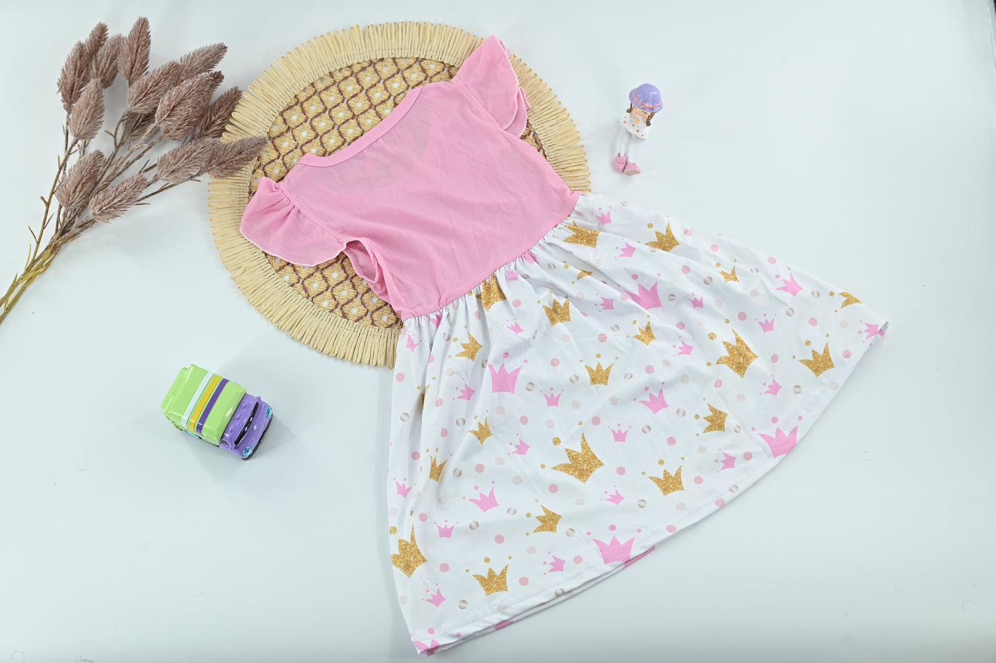 Girls Pink Crown Print Dress – Ruffle Sleeve Princess Summer Dress