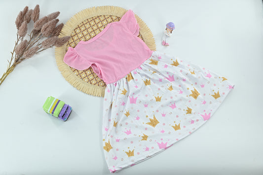 Girls Pink Crown Print Dress – Ruffle Sleeve Princess Summer Dress