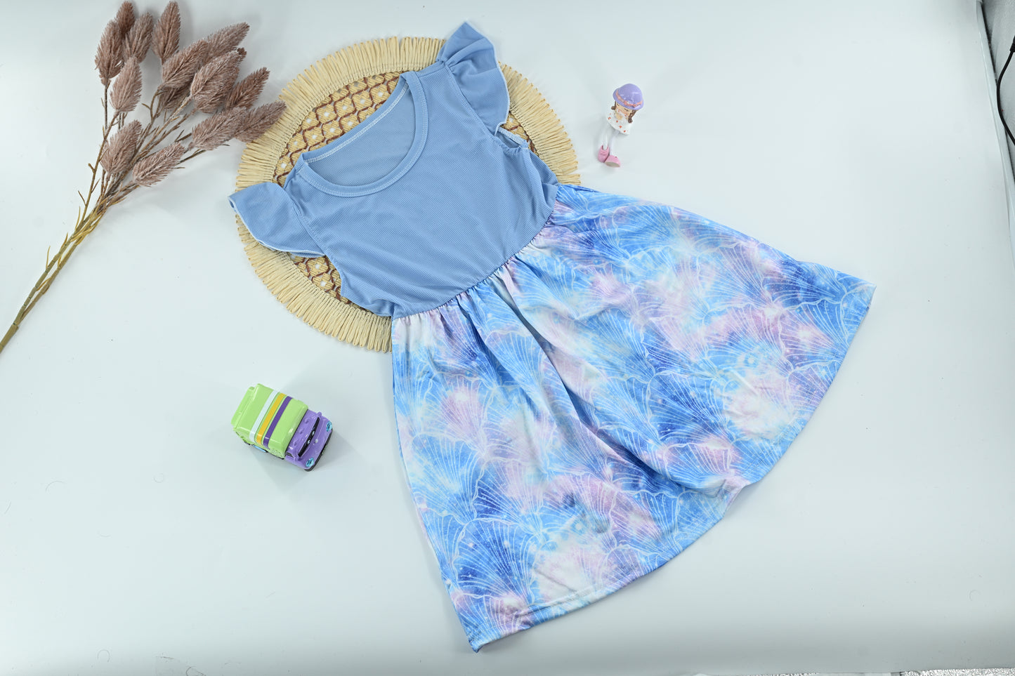 Baby Girls Blue Printed Ruffle Sleeve Dress