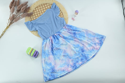 Baby Girls Blue Printed Ruffle Sleeve Dress