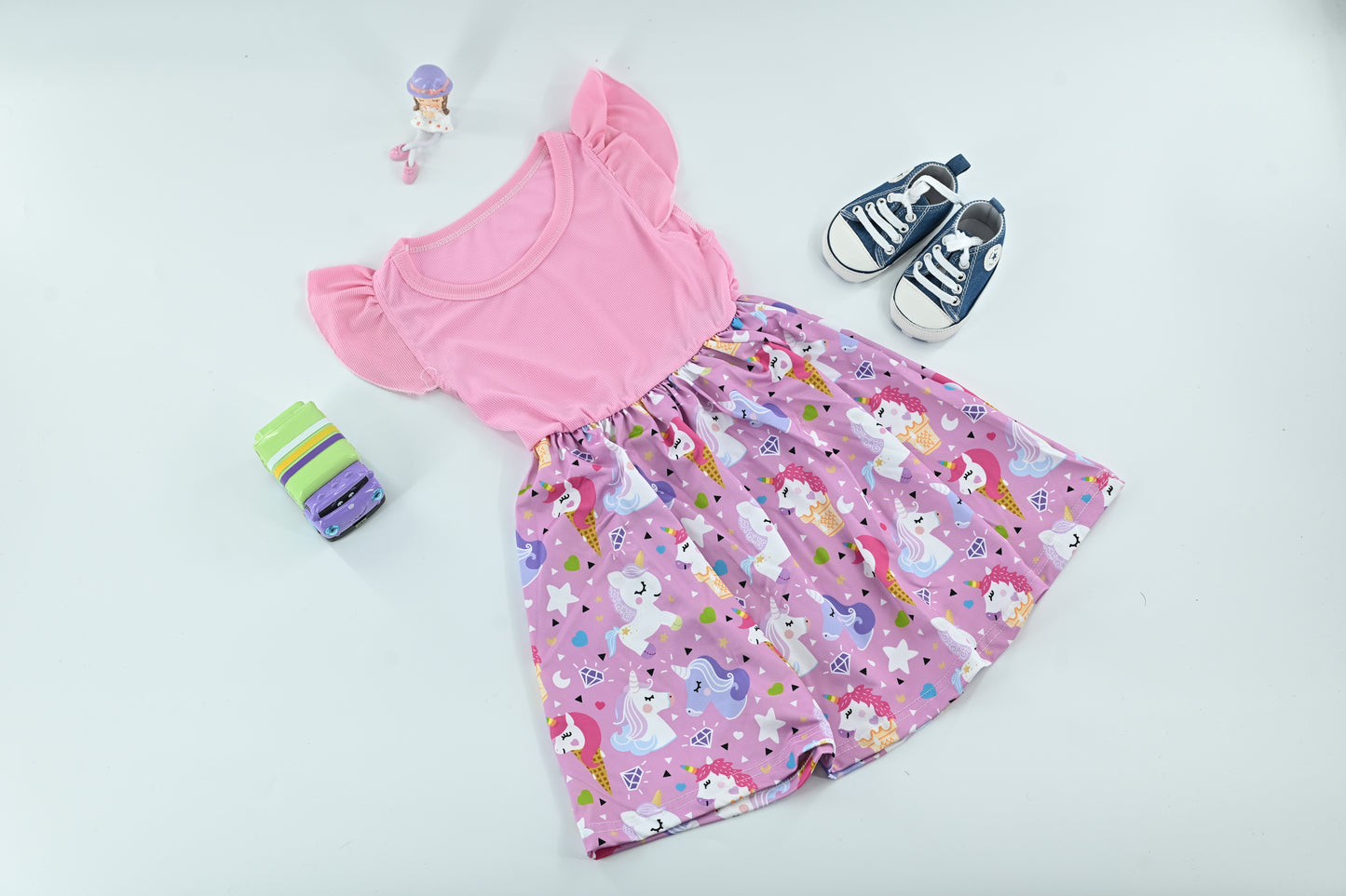 Baby Girls Pink Unicorn Cartoon Print Dress