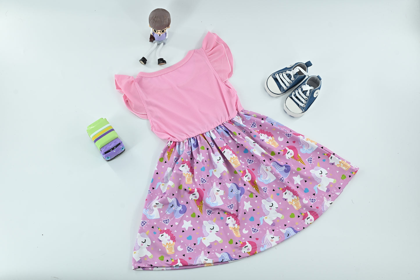 Baby Girls Pink Unicorn Cartoon Print Dress