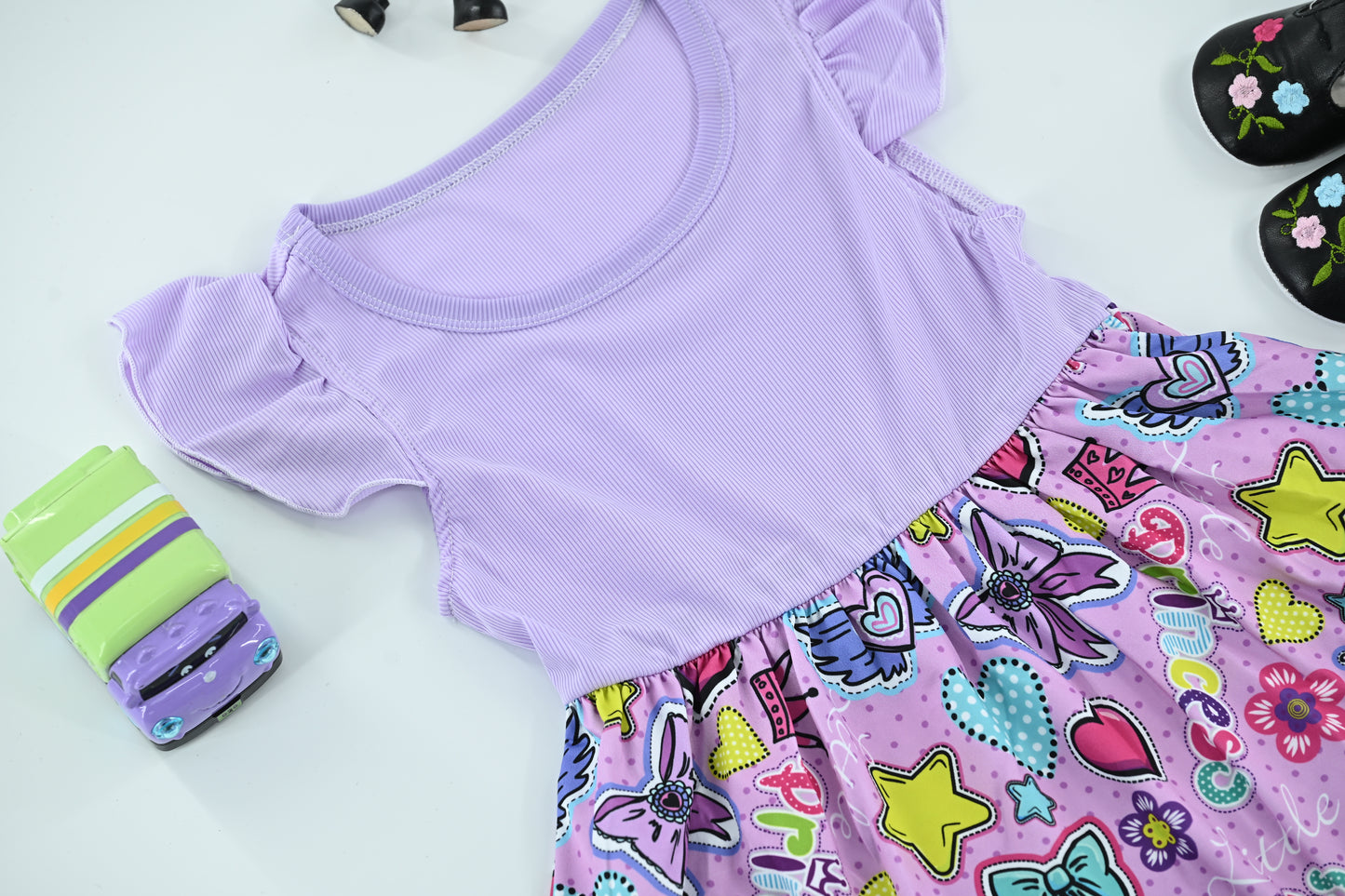 Cute Baby Girls Purple Princess Print Dress | Ruffle Sleeve Summer Dress