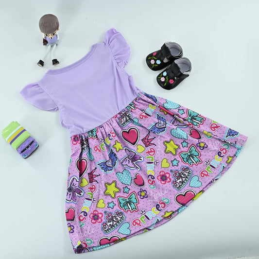 Cute Baby Girls Purple Princess Print Dress | Ruffle Sleeve Summer Dress