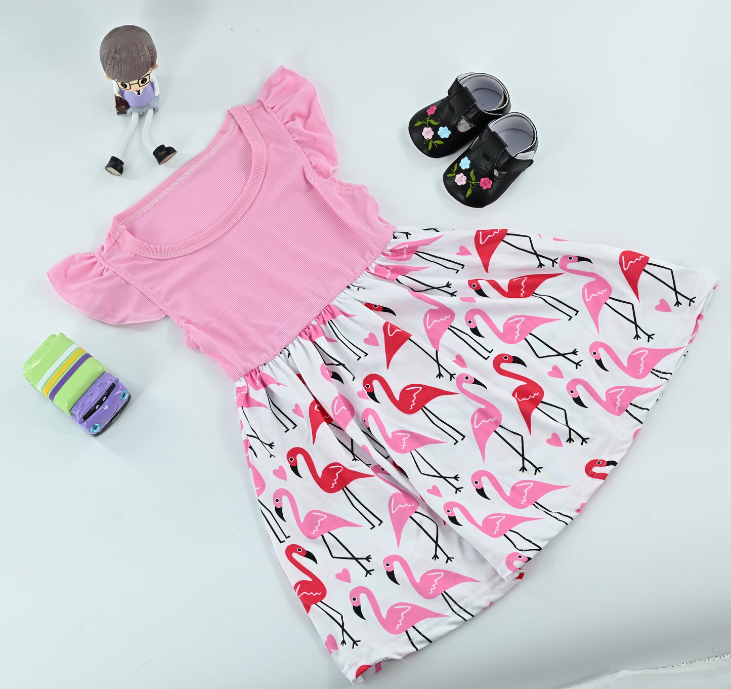 Cute Baby Girls Pink Flamingo Print Dress | Ruffle Sleeve Summer Dress