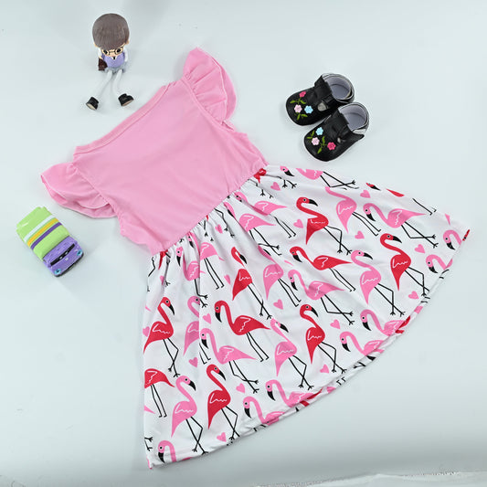 Cute Baby Girls Pink Flamingo Print Dress | Ruffle Sleeve Summer Dress
