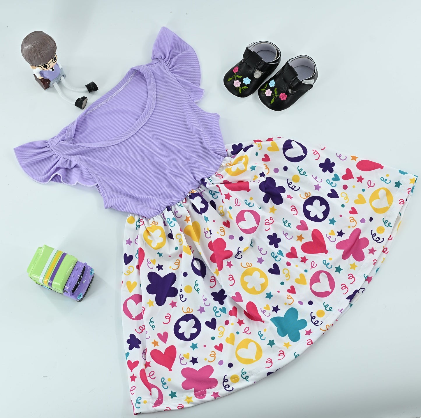 Cute Baby Girls Purple Heart & Flower Print Dress | Ruffle Sleeve Summer Dress