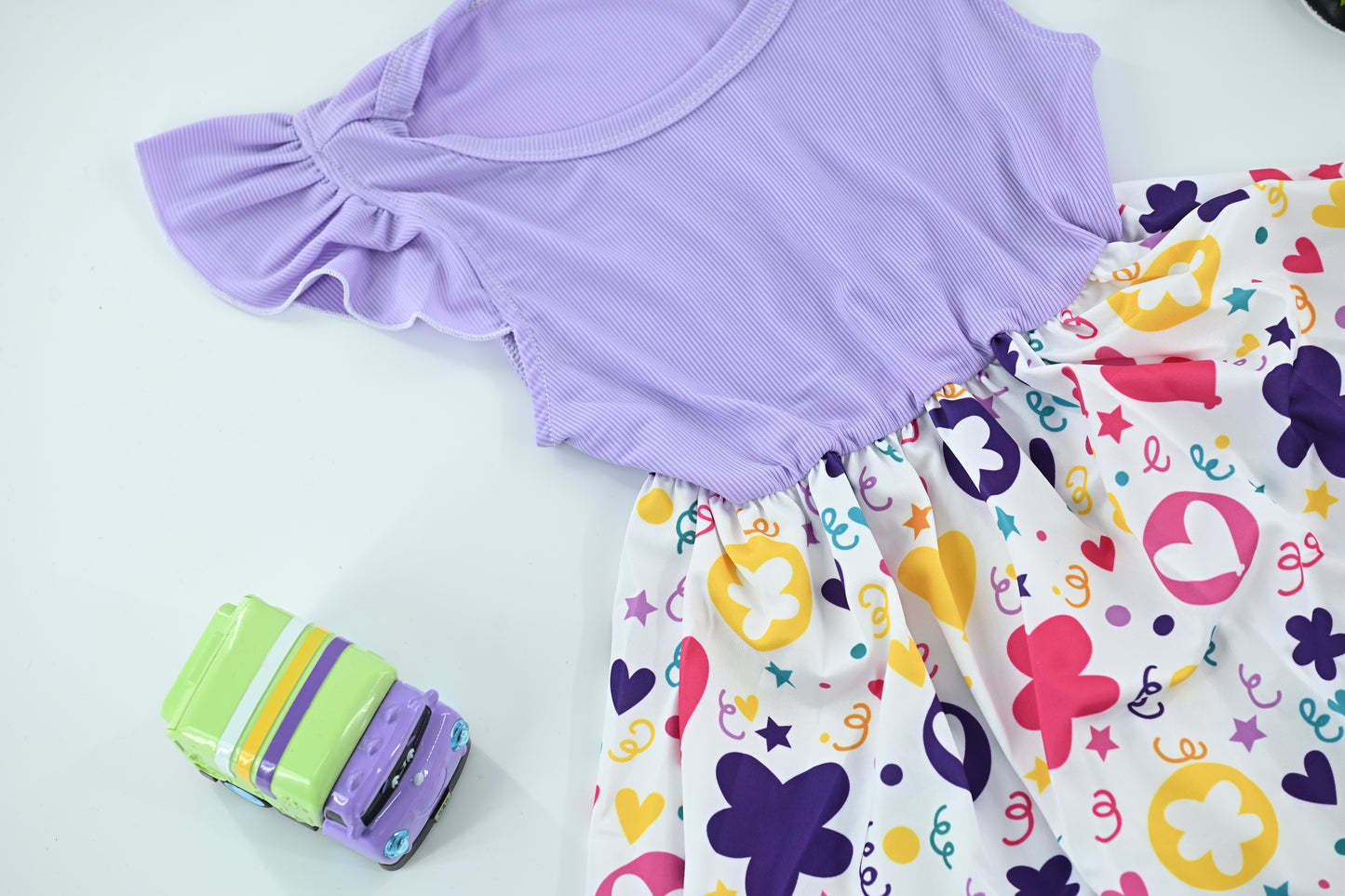 Cute Baby Girls Purple Heart & Flower Print Dress | Ruffle Sleeve Summer Dress