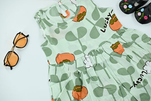 Cute Baby Girls Lucky Print Dress | Green Sleeveless Casual Summer Dress
