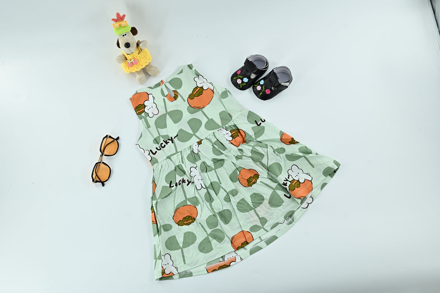 Cute Baby Girls Lucky Print Dress | Green Sleeveless Casual Summer Dress