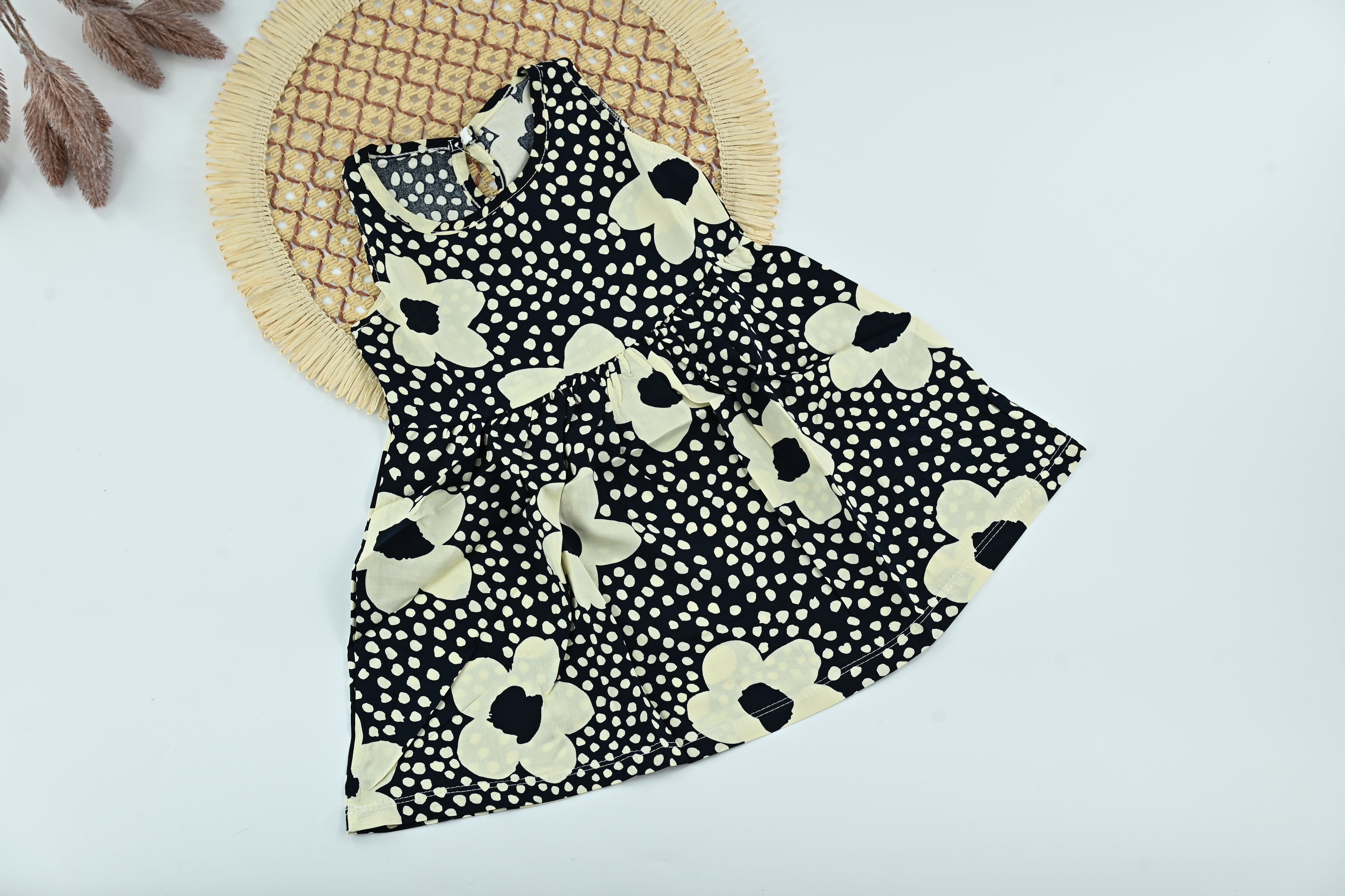 Girls Floral Print Cotton Dress – Classic Black & White Style