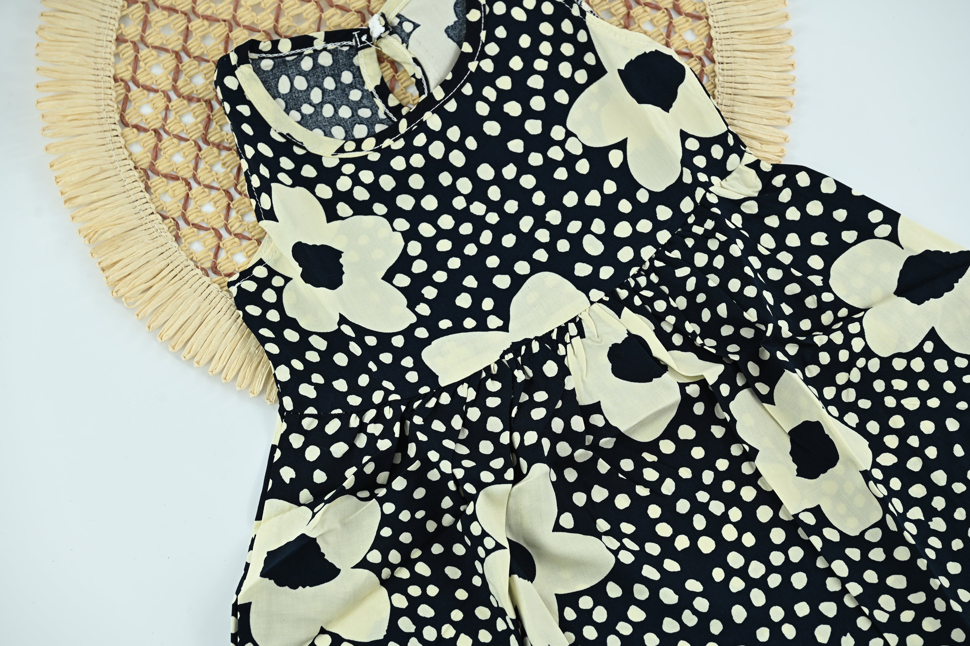 Girls Floral Print Cotton Dress – Classic Black & White Style