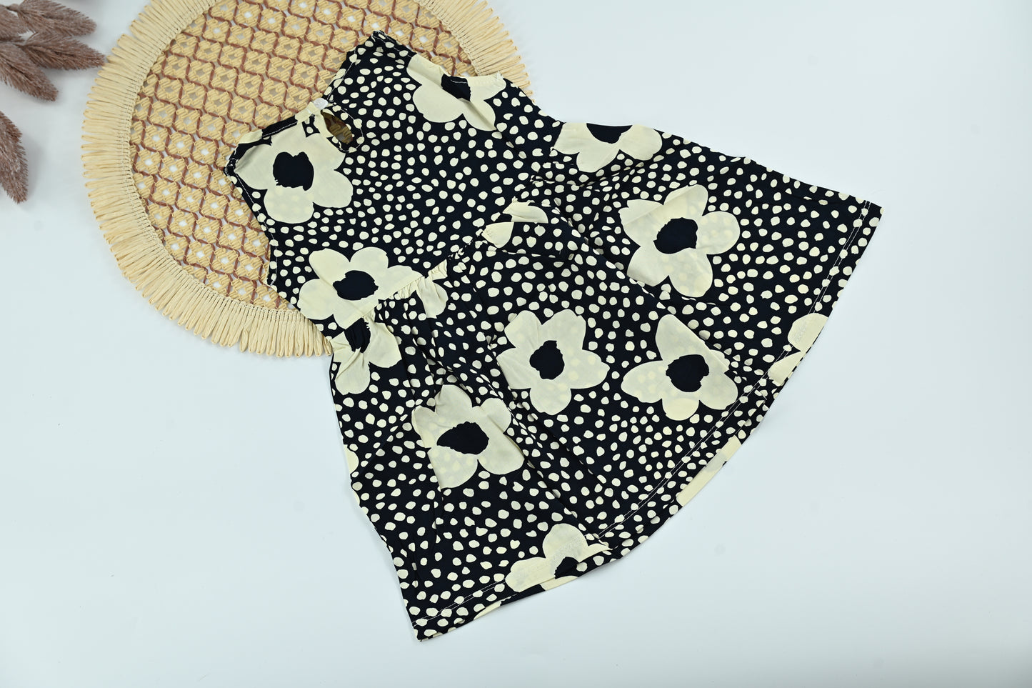 Girls Floral Print Cotton Dress – Classic Black & White Style