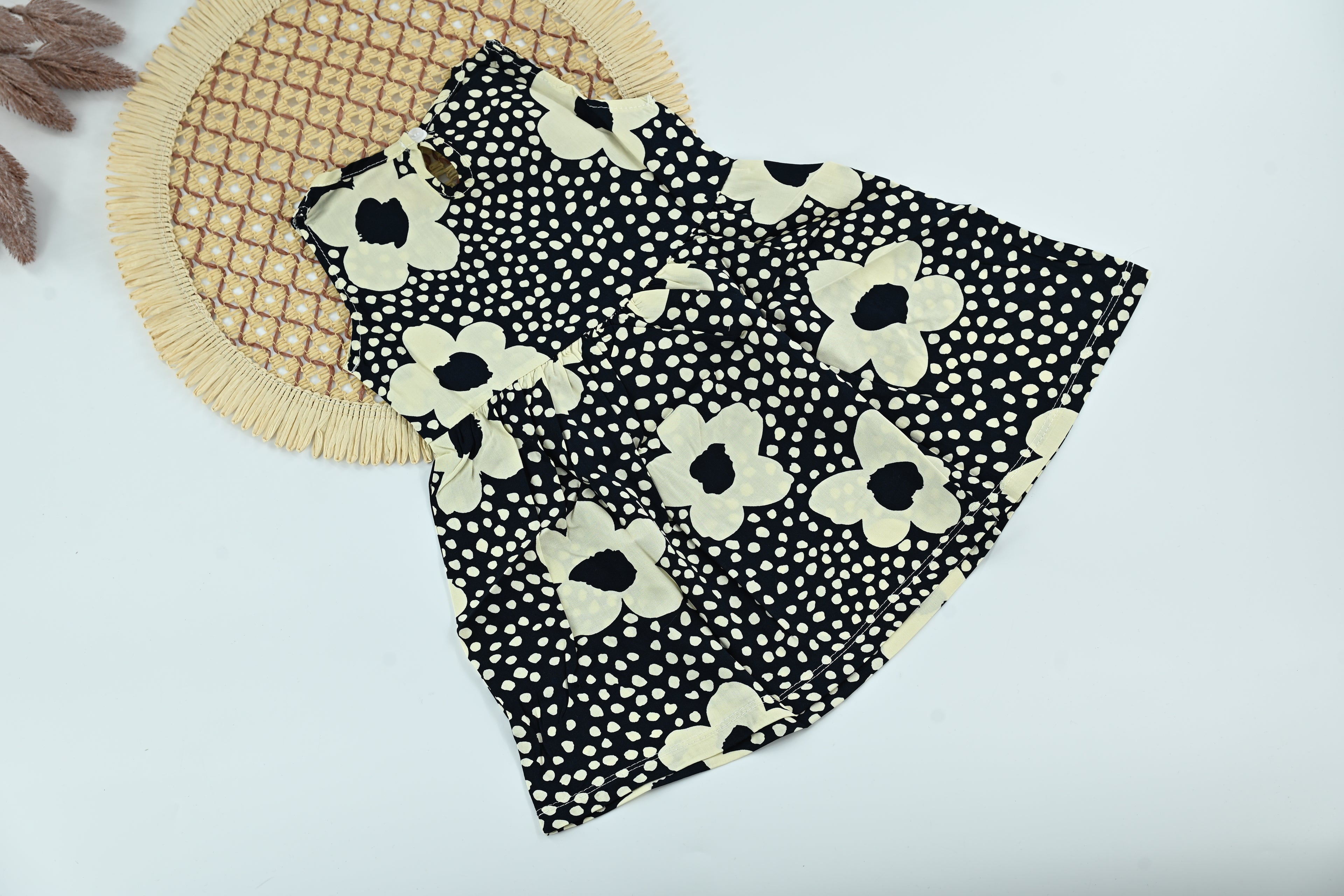 Girls Floral Print Cotton Dress – Classic Black & White Style