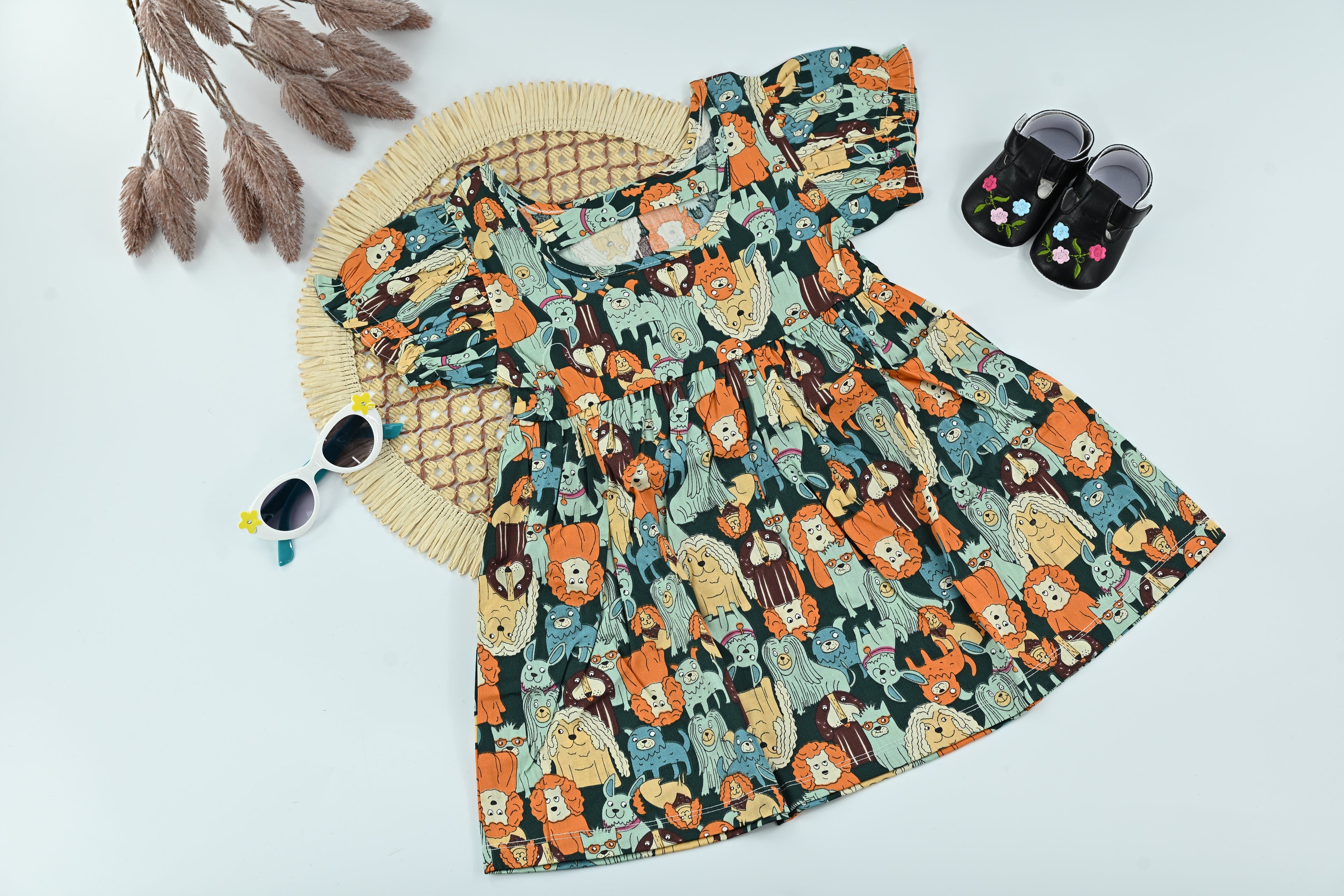 Forest Friends Cartoon Print Cotton Baby Dress