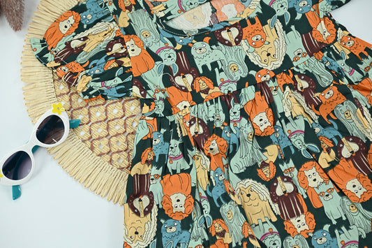 Forest Friends Cartoon Print Cotton Baby Dress