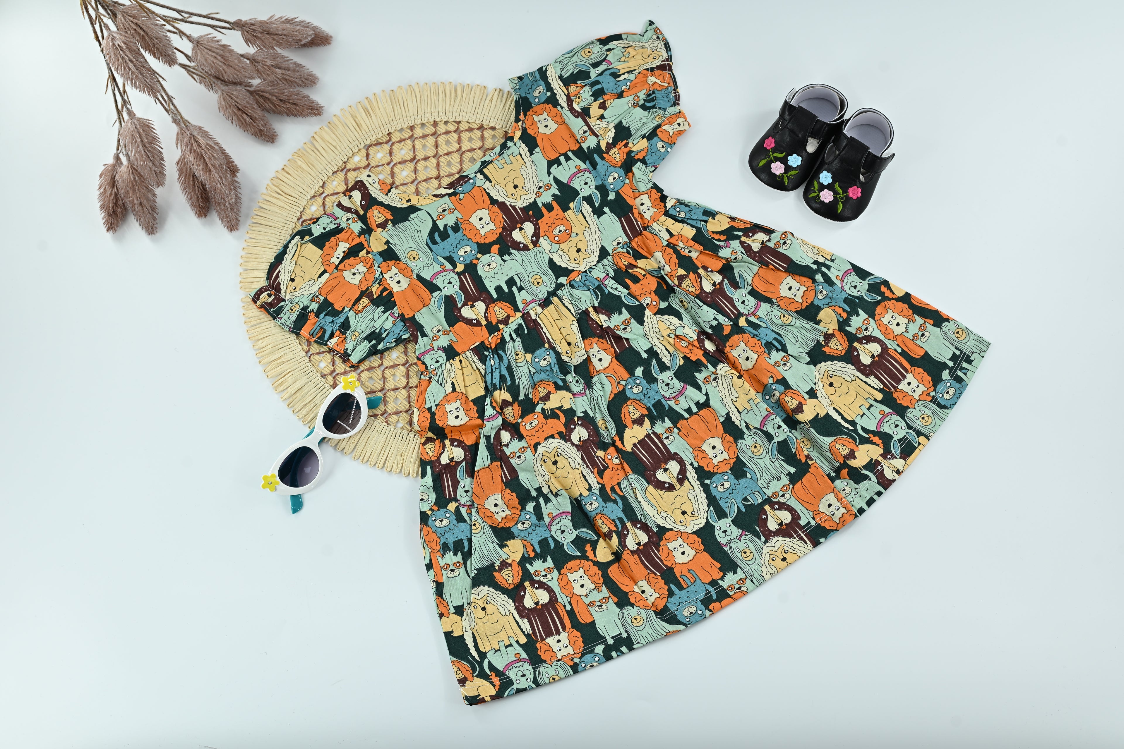 Forest Friends Cartoon Print Cotton Baby Dress