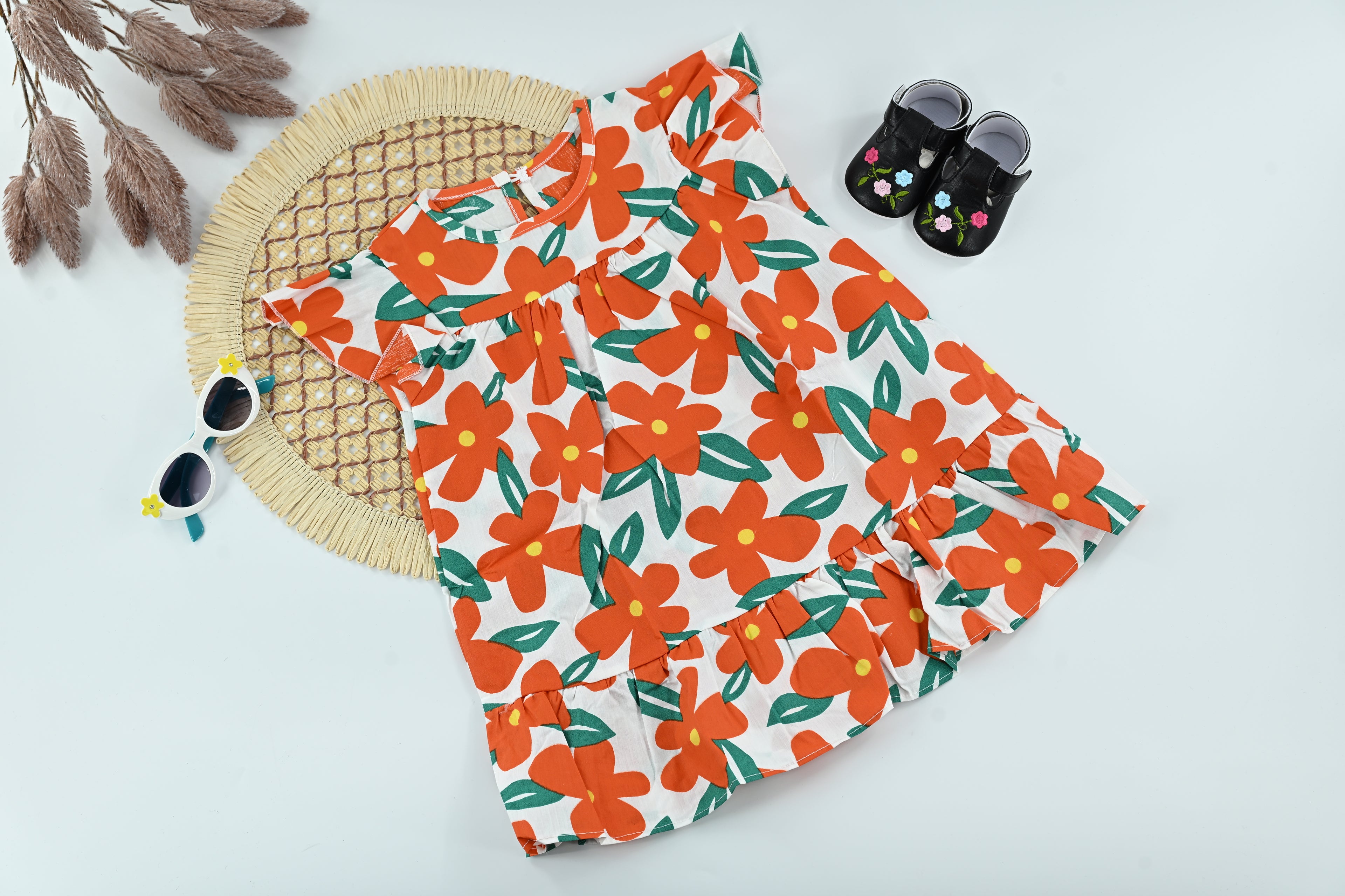 Baby Girl Orange Floral Cotton Summer Dress with Ruffle Hem